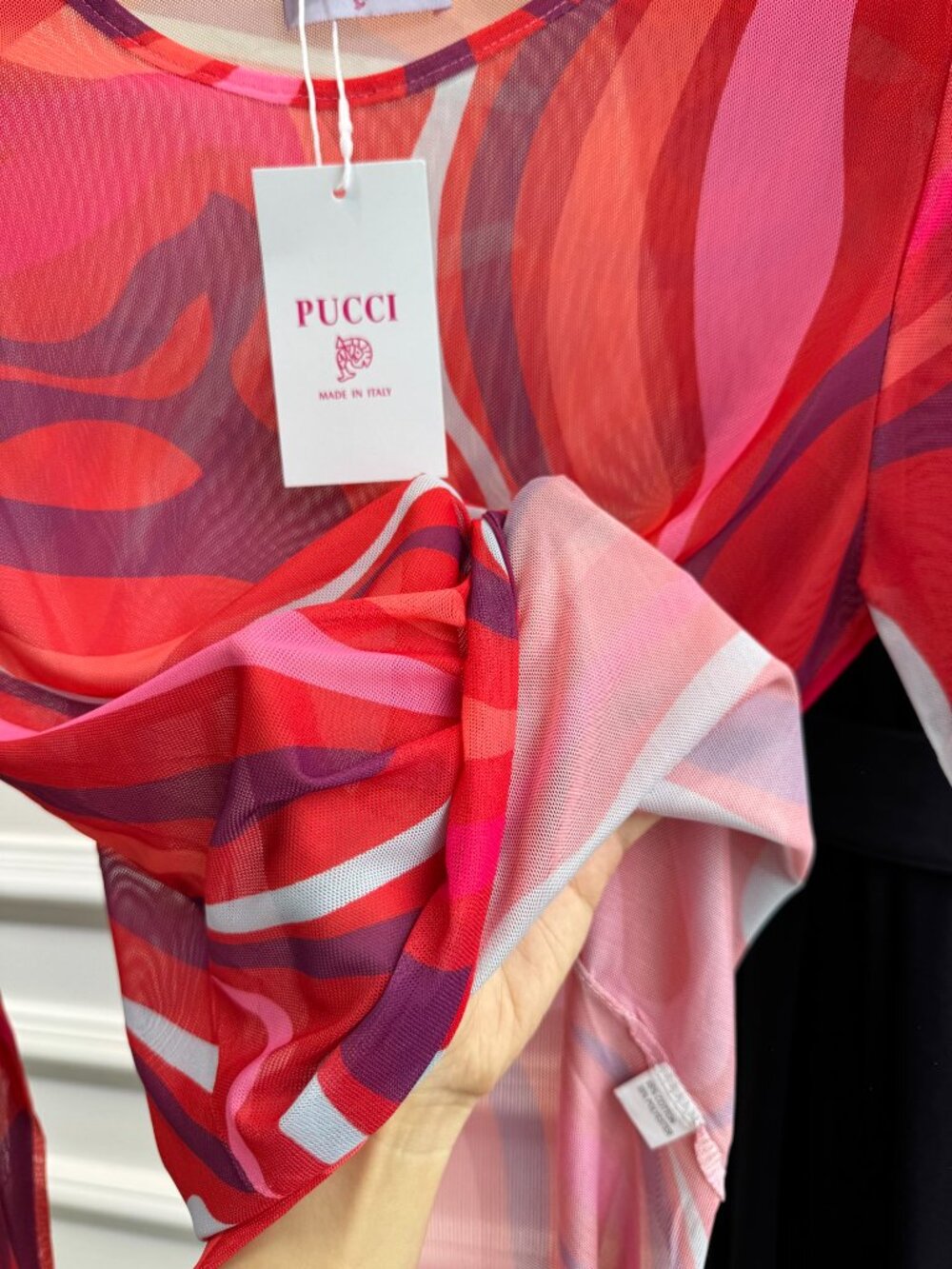 💖Pucci Pink Red Swirl Print Mesh Long Sleeve Bodysuit Sheer Slim Fit Designer T - Picture 6 of 7